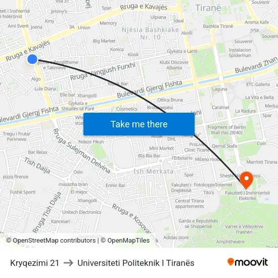 Kryqezimi 21 to Universiteti Politeknik I Tiranës map