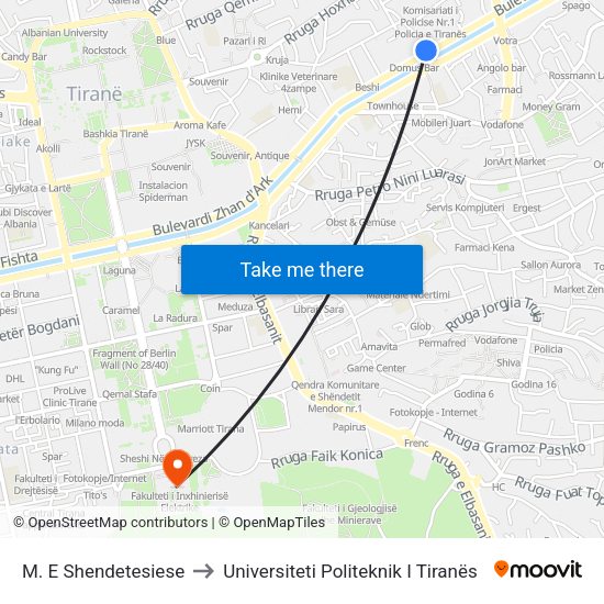 M. E Shendetesiese to Universiteti Politeknik I Tiranës map