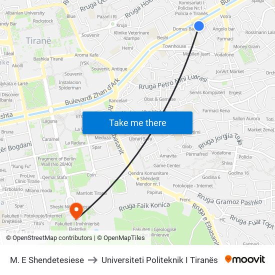 M. E Shendetesiese to Universiteti Politeknik I Tiranës map