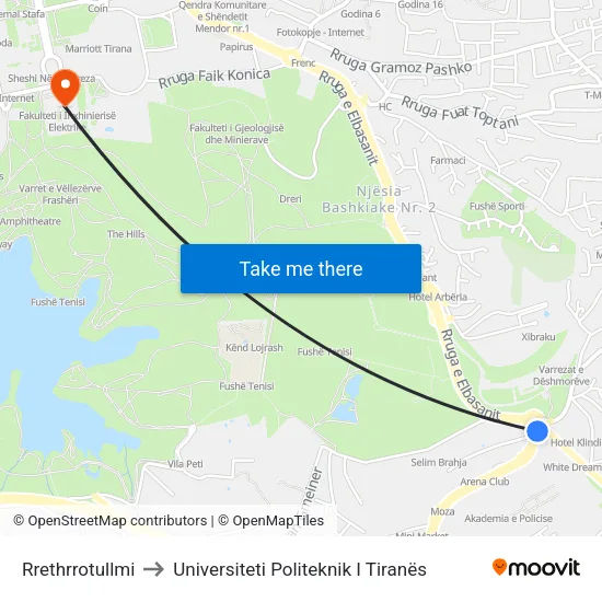 Rrethrrotullmi to Universiteti Politeknik I Tiranës map