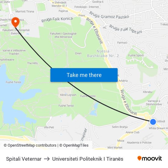 Spitali Veternar to Universiteti Politeknik I Tiranës map