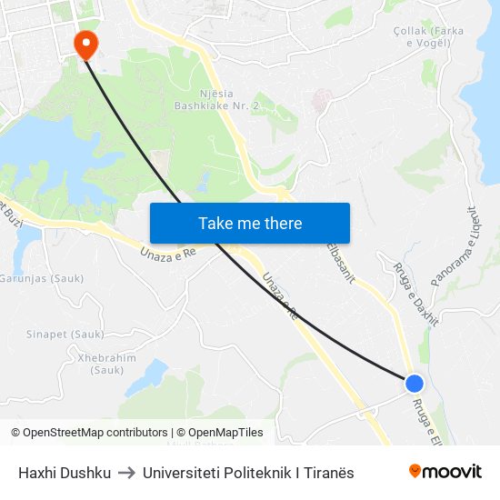 Haxhi Dushku to Universiteti Politeknik I Tiranës map