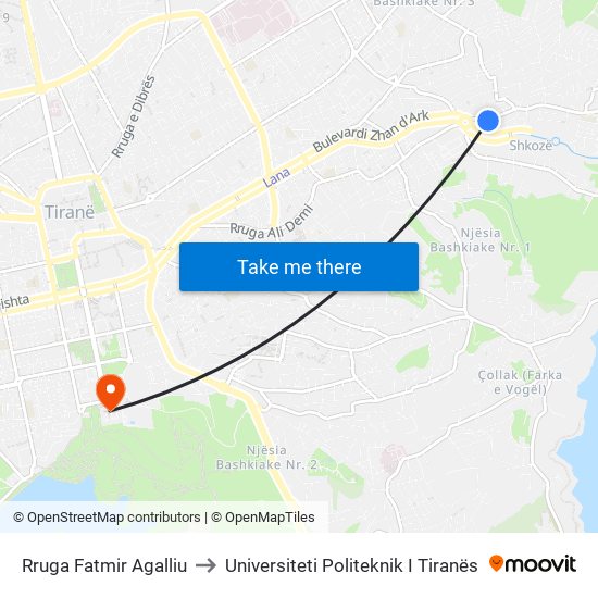 Rruga Fatmir Agalliu to Universiteti Politeknik I Tiranës map