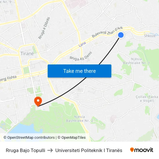 Rruga Bajo Topulli to Universiteti Politeknik I Tiranës map