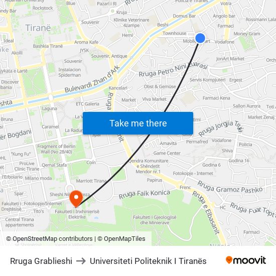 Rruga Grablieshi to Universiteti Politeknik I Tiranës map