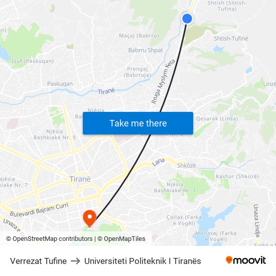 Verrezat Tufine to Universiteti Politeknik I Tiranës map