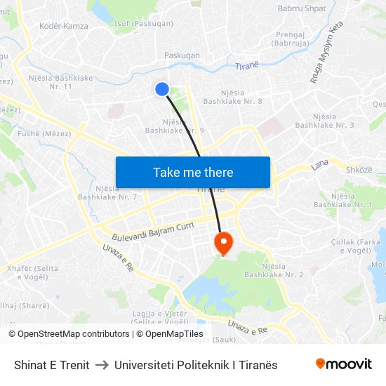 Shinat E Trenit to Universiteti Politeknik I Tiranës map