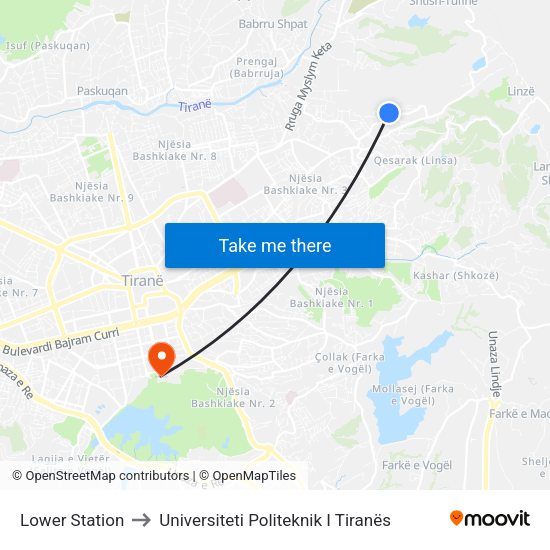 Lower Station to Universiteti Politeknik I Tiranës map