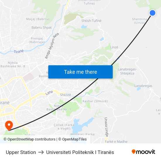 Upper Station to Universiteti Politeknik I Tiranës map