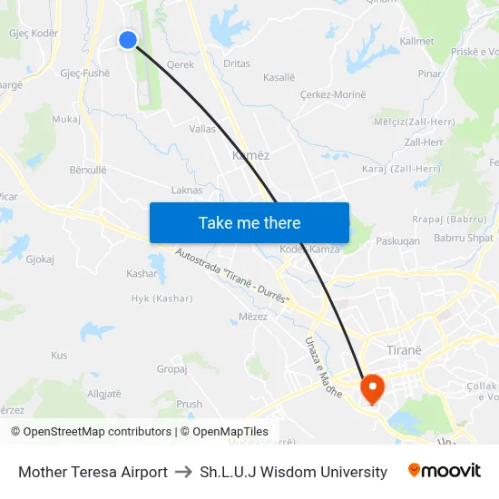 Mother Teresa Airport to Sh.L.U.J Wisdom University map