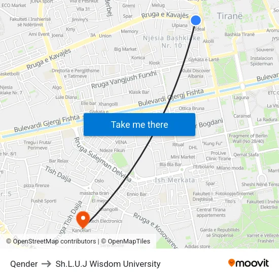 Qender to Sh.L.U.J Wisdom University map