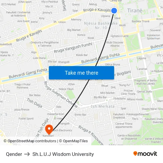 Qender to Sh.L.U.J Wisdom University map