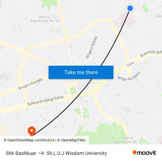 Shk Bashkuar to Sh.L.U.J Wisdom University map