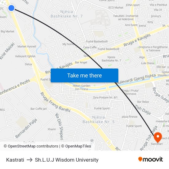Kastrati to Sh.L.U.J Wisdom University map