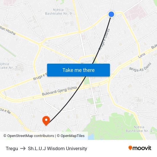 Tregu to Sh.L.U.J Wisdom University map