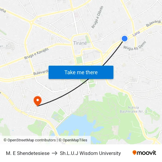 M. E Shendetesiese to Sh.L.U.J Wisdom University map