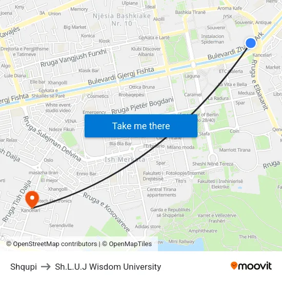 Shqupi to Sh.L.U.J Wisdom University map