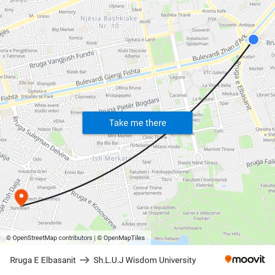 Rruga E Elbasanit to Sh.L.U.J Wisdom University map