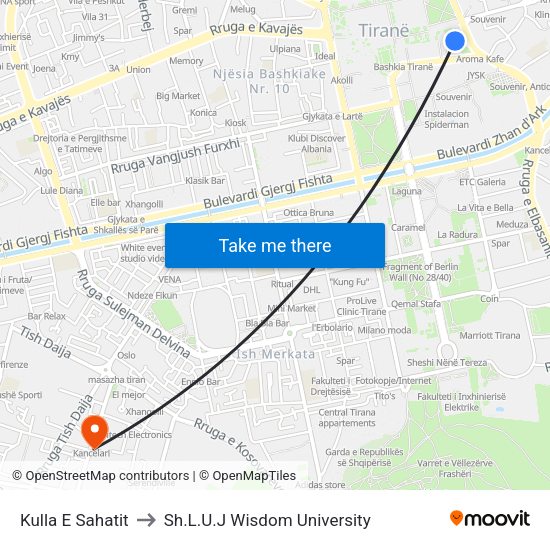 Kulla E Sahatit to Sh.L.U.J Wisdom University map