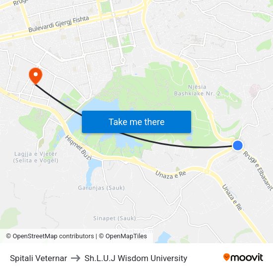 Spitali Veternar to Sh.L.U.J Wisdom University map