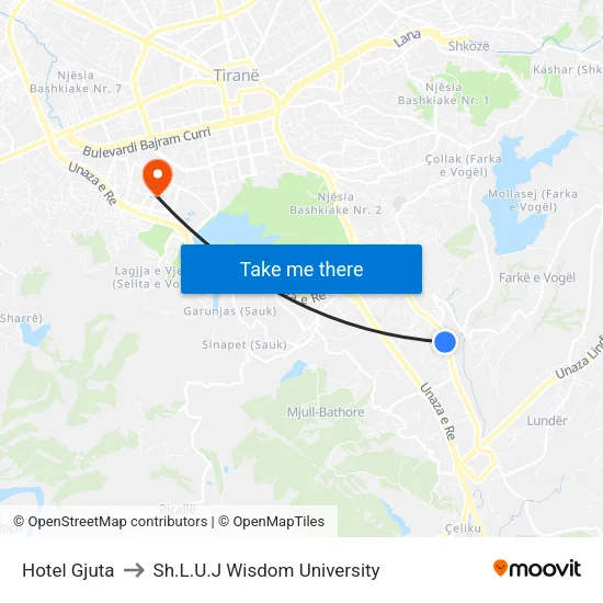 Hotel Gjuta to Sh.L.U.J Wisdom University map