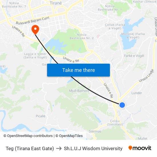 Teg (Tirana East Gate) to Sh.L.U.J Wisdom University map