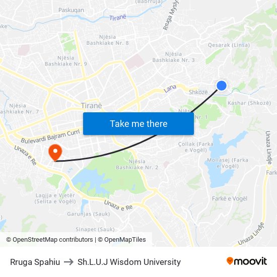 Rruga Spahiu to Sh.L.U.J Wisdom University map