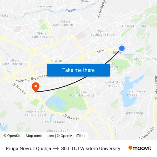 Rruga Novruz Qoshja to Sh.L.U.J Wisdom University map