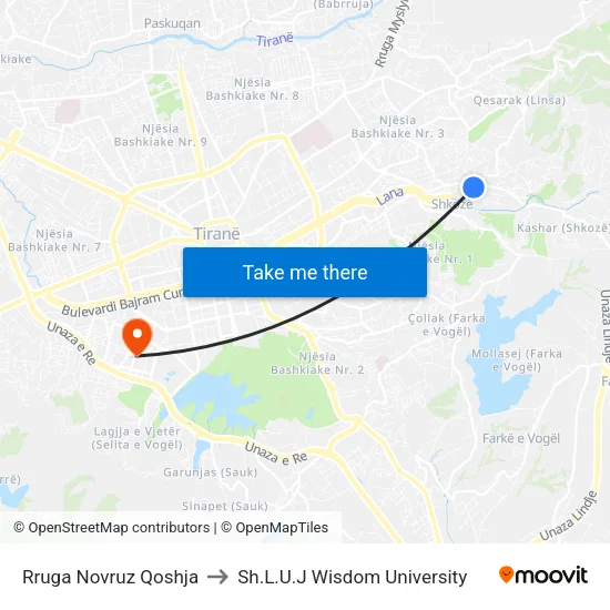 Rruga Novruz Qoshja to Sh.L.U.J Wisdom University map