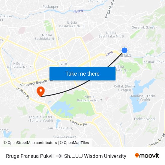 Rruga Fransua Pukvil to Sh.L.U.J Wisdom University map