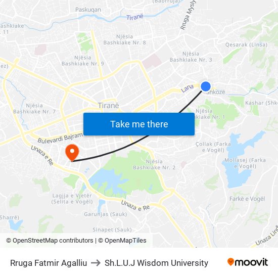 Rruga Fatmir Agalliu to Sh.L.U.J Wisdom University map