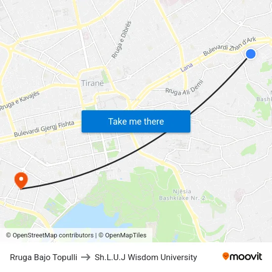 Rruga Bajo Topulli to Sh.L.U.J Wisdom University map