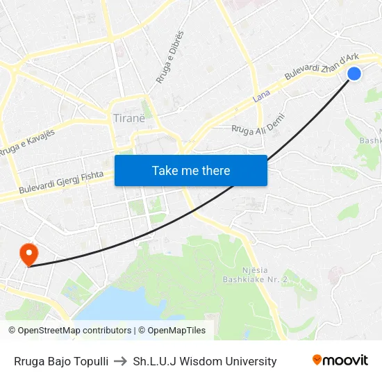 Rruga Bajo Topulli to Sh.L.U.J Wisdom University map