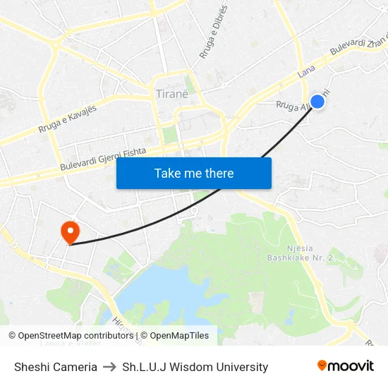 Sheshi Cameria to Sh.L.U.J Wisdom University map