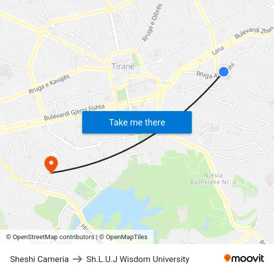 Sheshi Cameria to Sh.L.U.J Wisdom University map