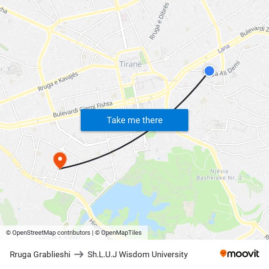 Rruga Grablieshi to Sh.L.U.J Wisdom University map