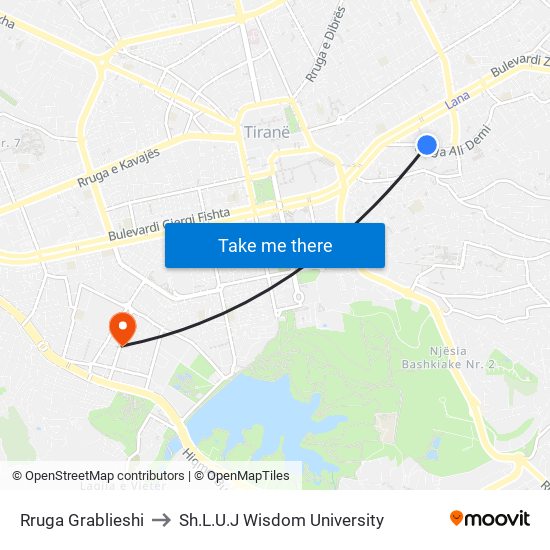 Rruga Grablieshi to Sh.L.U.J Wisdom University map