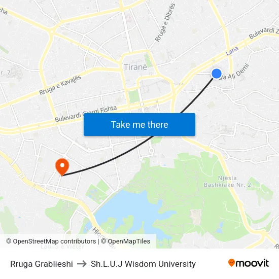 Rruga Grablieshi to Sh.L.U.J Wisdom University map
