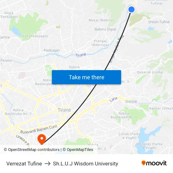 Verrezat Tufine to Sh.L.U.J Wisdom University map