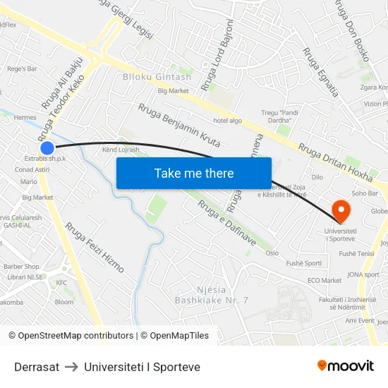 Derrasat to Universiteti I Sporteve map
