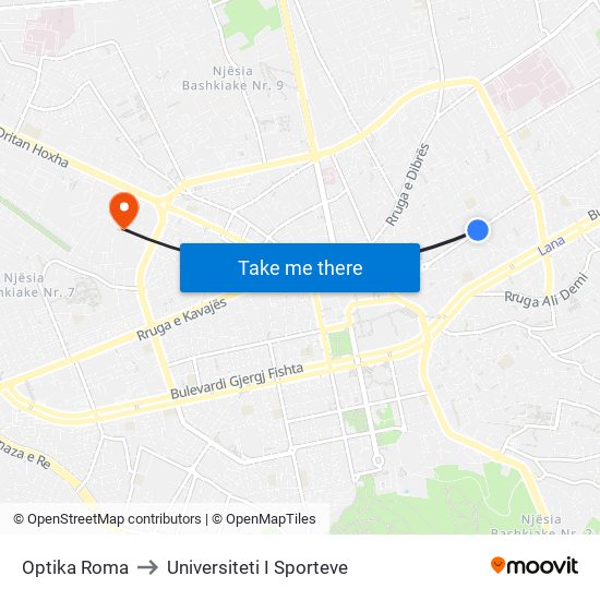 Optika Roma to Universiteti I Sporteve map