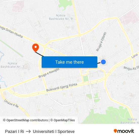 Pazari I Ri to Universiteti I Sporteve map