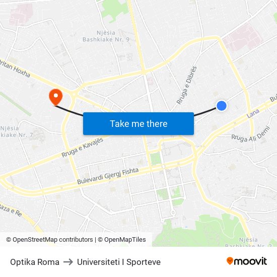 Optika Roma to Universiteti I Sporteve map