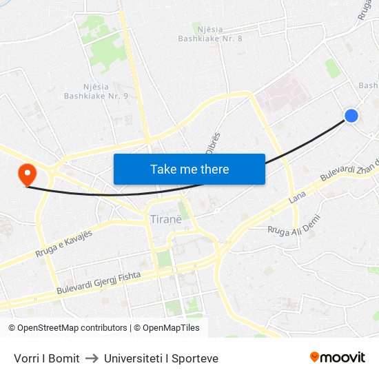 Vorri I Bomit to Universiteti I Sporteve map