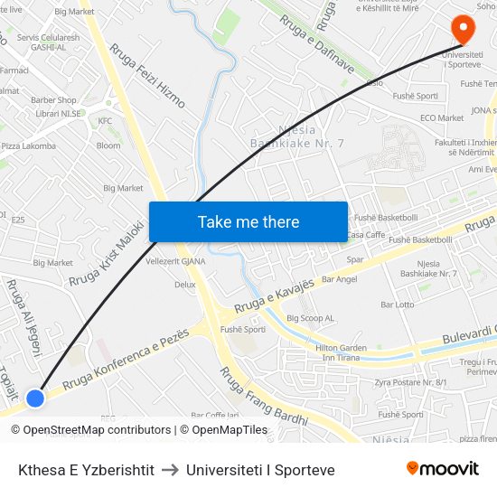 Kthesa E Yzberishtit to Universiteti I Sporteve map