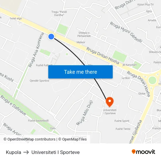 Kupola to Universiteti I Sporteve map