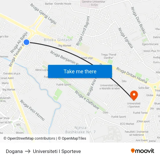 Dogana to Universiteti I Sporteve map