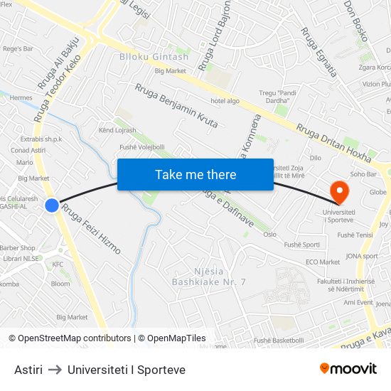 Astiri to Universiteti I Sporteve map