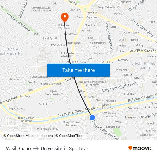 Vasil Shano to Universiteti I Sporteve map