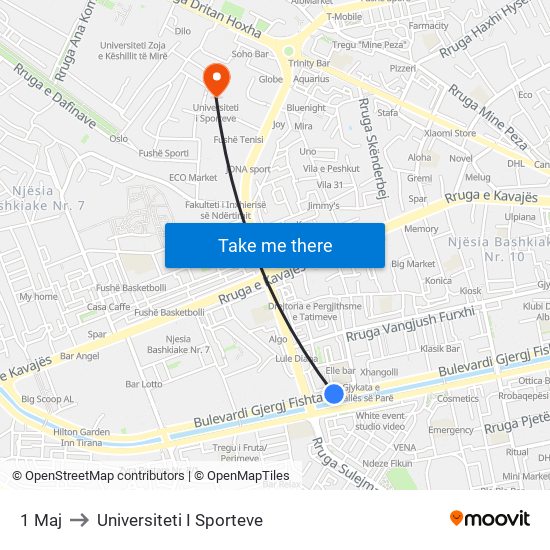 1 Maj to Universiteti I Sporteve map